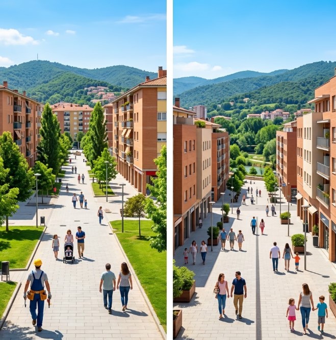 Vistas de las plazas, zonas arboladas y el entramado residencial e industrial característico de Montornès del Vallès